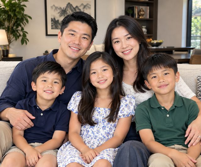 A mother, father, daughter and two sons on a sofa